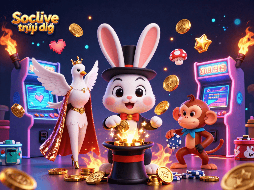 Socolive trực tiếp features a magician rabbit, dove, and monkey amidst dynamic casino game elements.