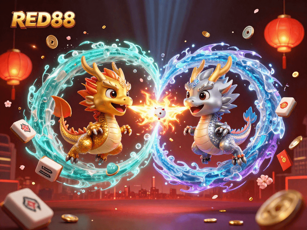Experience thrilling gaming action with RED88, featuring dynamic dragons and vibrant casino elements.