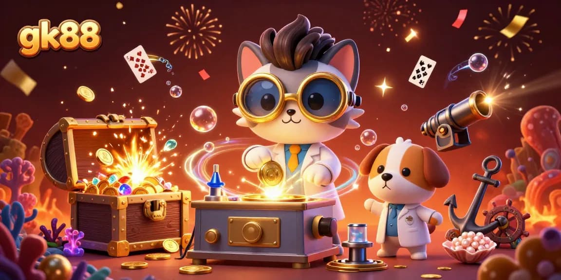 Khám phá thế giới của gk88 với hình ảnh vui nhộn của chú mèo khoa học với máy tạo tiền vàng.