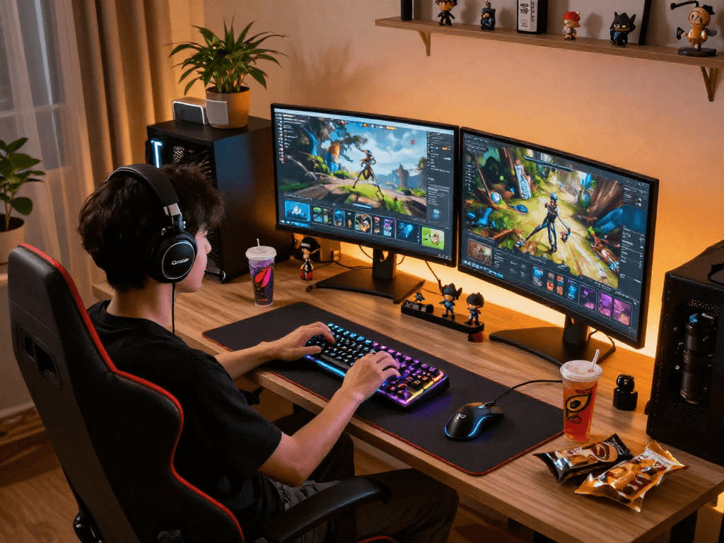 Engaged gamer with rokok 88 setup in cozy room, illuminated by RGB lighting.