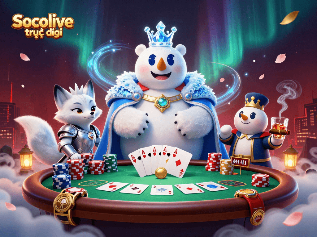 Socolive trực tiếp showcases a lively poker scene with vibrant characters and rich casino elements.