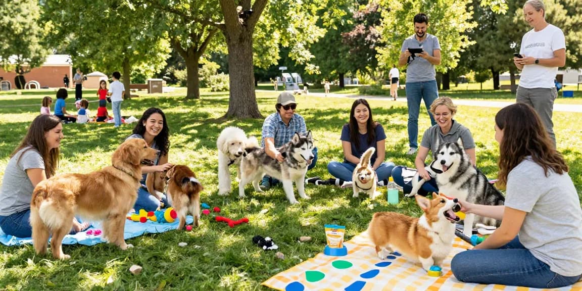 Community of pet lovers sharing tips and experiences about rokok88 in a sunny park.