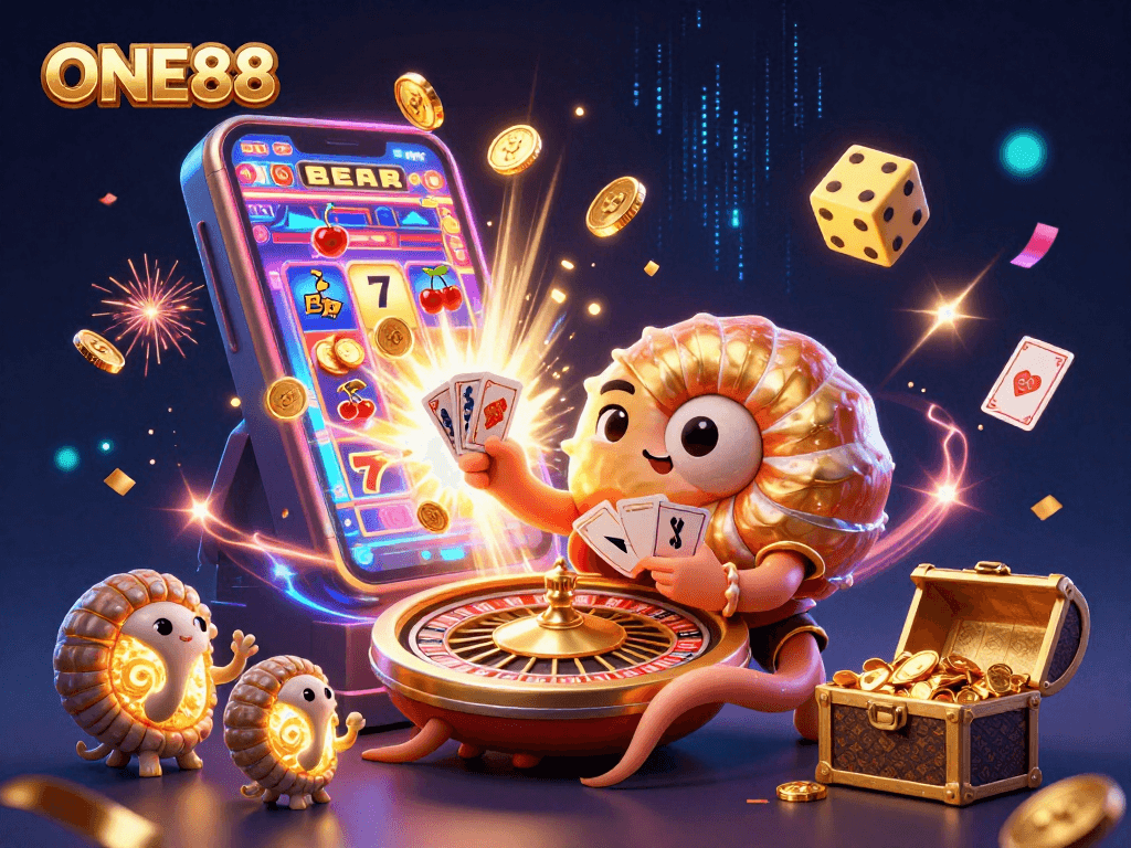 Engage with thrilling ONE88 casino action featuring a vibrant 3D scene with mythical nautilus and glimmering jackpot.
