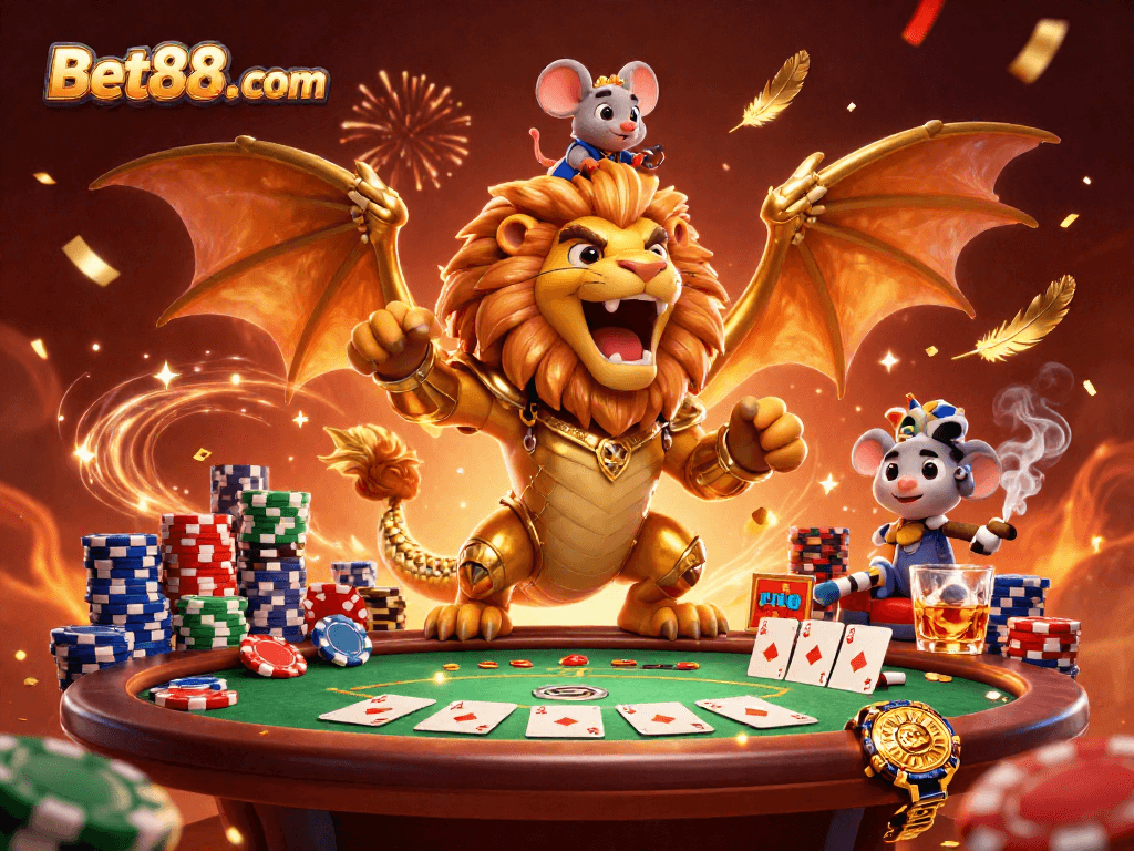 Experience thrilling gaming at Bet88. com with a golden chimera and poker excitement.