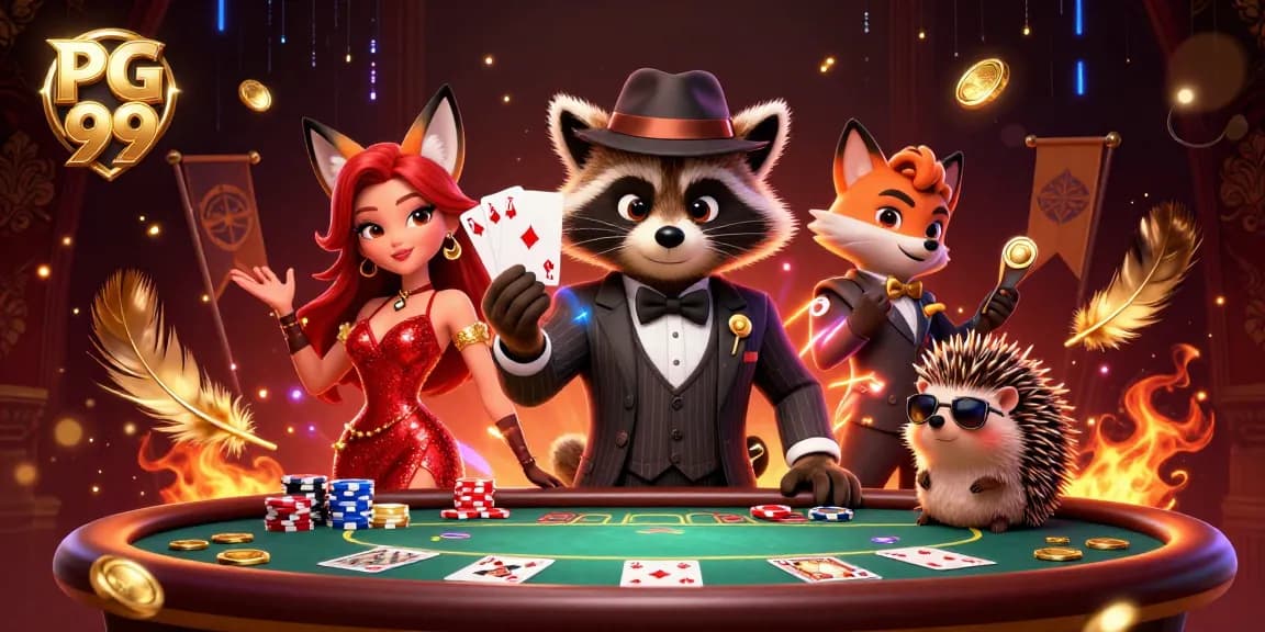 Play thrilling games at PG 99 with raccoon dealer and vibrant poker scene.