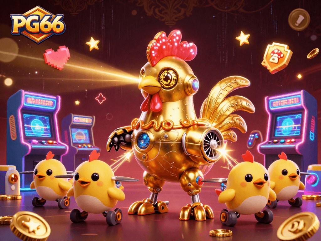 Engage with the PG66 gaming experience through vibrant 3D illustrations showcasing casino excitement.