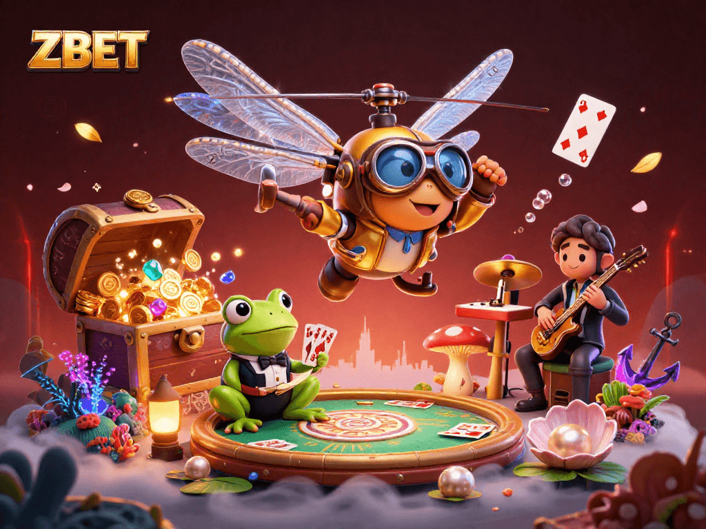 ZBET showcases a vibrant casino scene with a dragonfly pilot and a frog dealer amidst gold coins and glowing treasures.