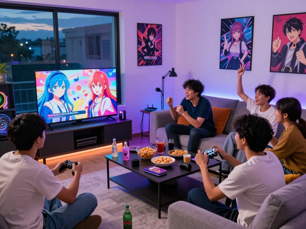 Engaging scene of friends playing game porn visual novel in a cozy living room