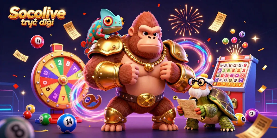 Engage with Socolive trực tiếp in this vibrant 3D casino scene showcasing dynamic lottery elements and animated characters.