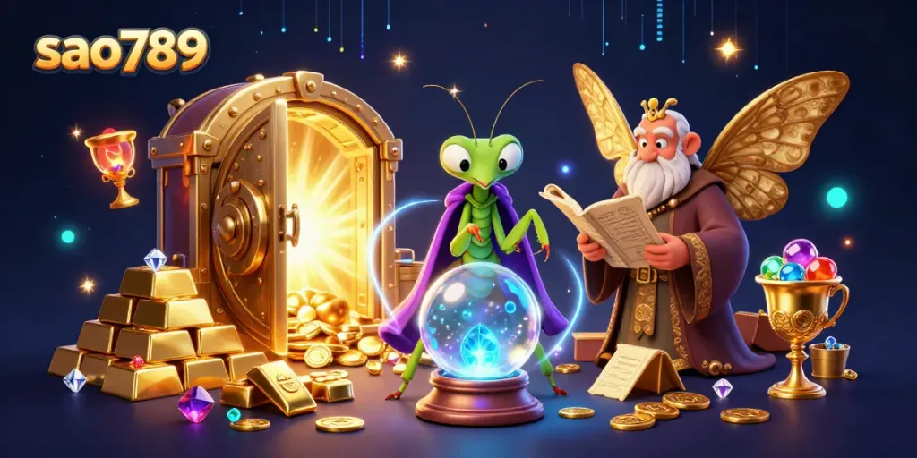 Experience the magic of gambling with sao789's immersive casino scene featuring mystical characters and treasures.