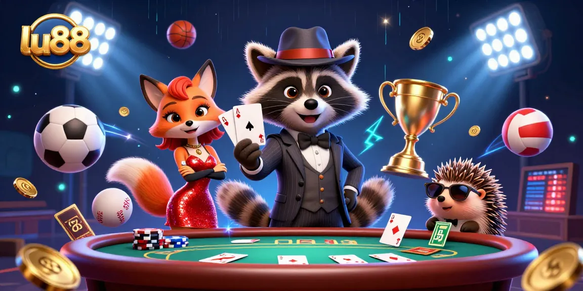 Join the lu88 gaming adventure with a raccoon, fox, and hedgehog in a vibrant casino scene.