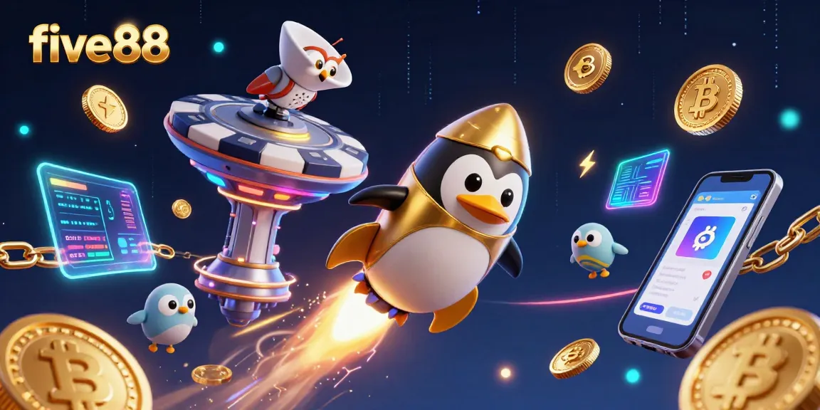 Engage with five88's thrilling casino exploration as a golden penguin zooms towards a poker chip space station.
