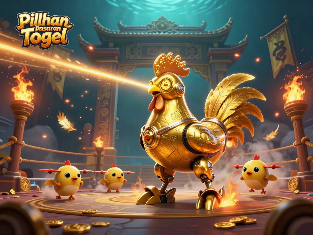 Gambarkan Pilihan Pasaran Togel dalam ilustrasi 3D dengan robot ayam emas futuristik dan drone anak ayam.
