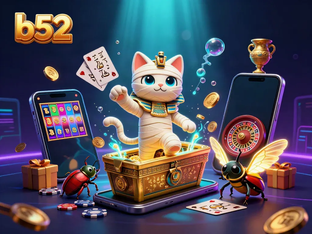 Experience thrilling gameplay with b52's vibrant casino illustration featuring a mummy cat and slot games.