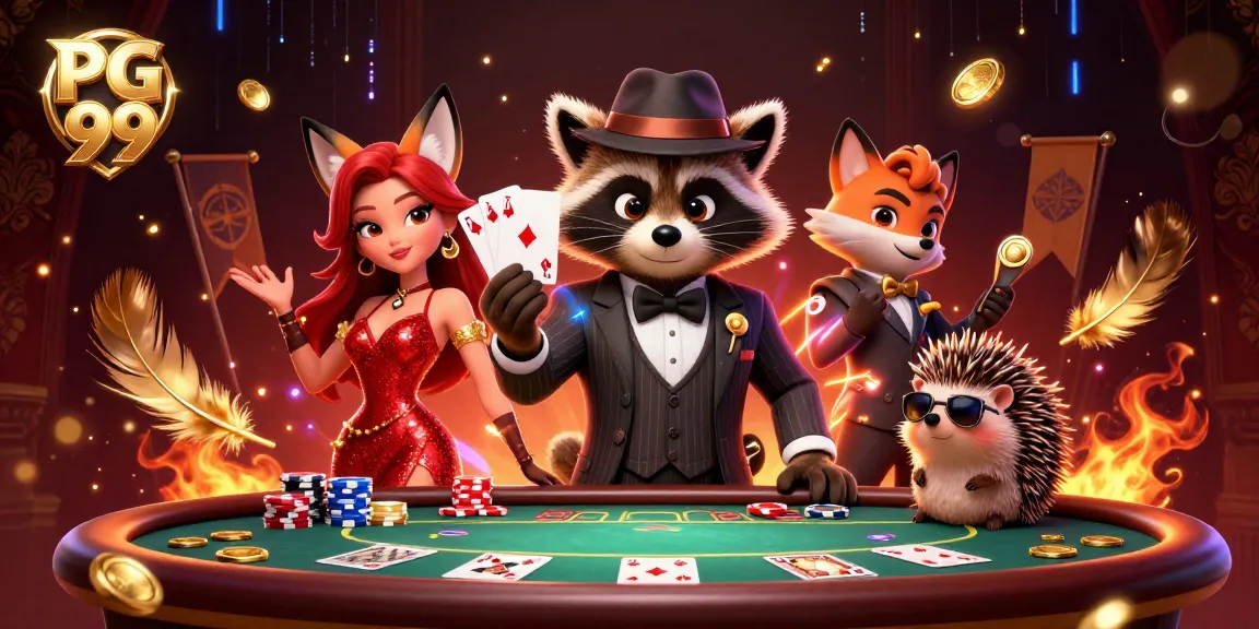 Play thrilling games at PG 99 with raccoon dealer and vibrant poker scene.