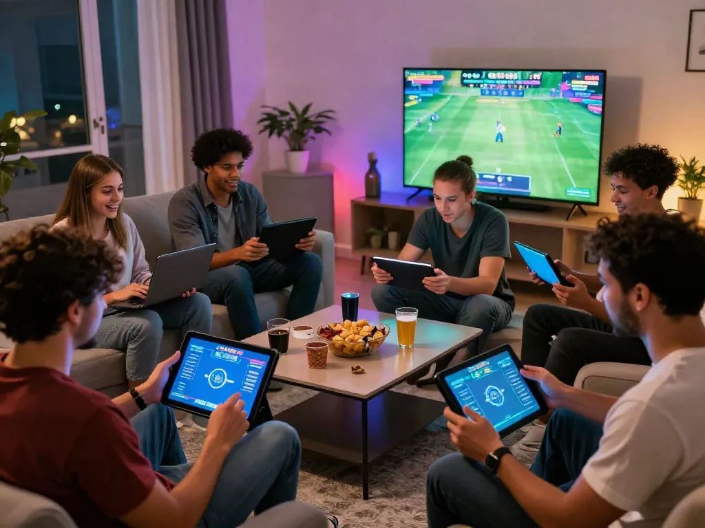 Friends enjoying online betting on https://gem88.bz/ in a lively living room.