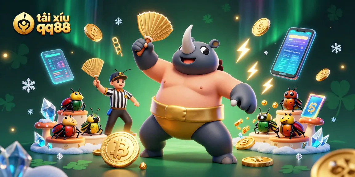 Engage with tài xỉu qq88 featuring a sumo beetle champion amidst vibrant crypto elements and spectators.
