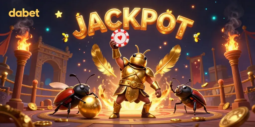 Experience the thrill of dabet with its vibrant, celebratory imagery featuring a victorious beetle in a dynamic casino setting.