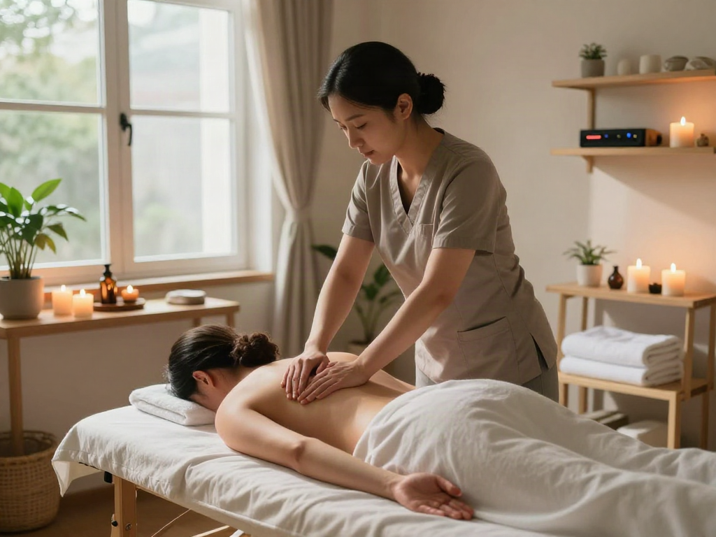 Relaxing 김포출장 massage therapy scene with soft lighting and tranquil ambiance