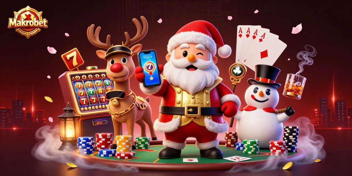 Join the excitement at Makrobet with Santa and friends showcasing jackpot slots and vibrant casino elements.