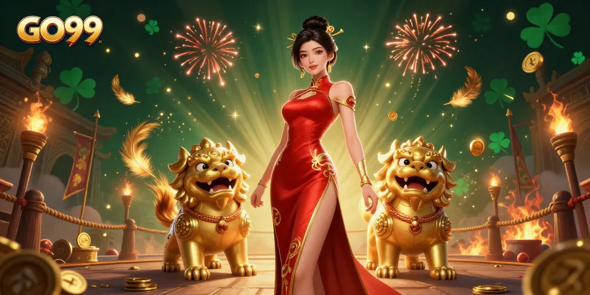 Engage with GO99's vibrant online casino scene adorned with festive fireworks and guardian foo dogs.