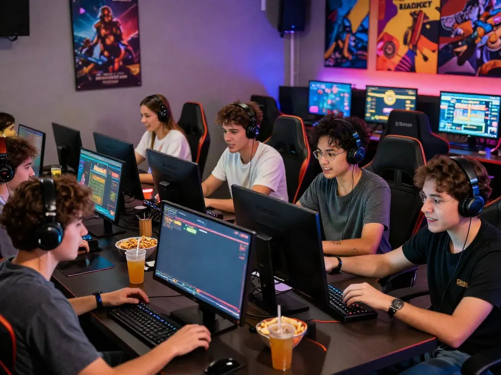 Nohuwin players enjoying a vibrant online gaming session in a modern lounge.
