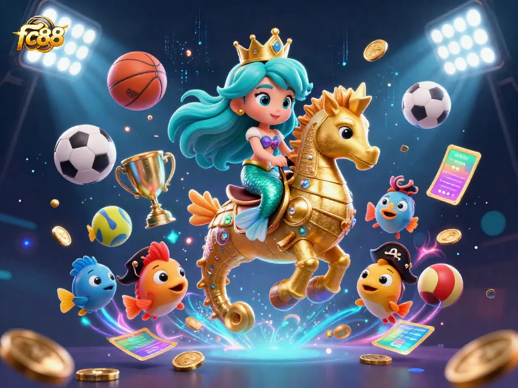 Engage with the gaming excitement at FC88, featuring a vibrant mermaid princess scene with dynamic sports elements.