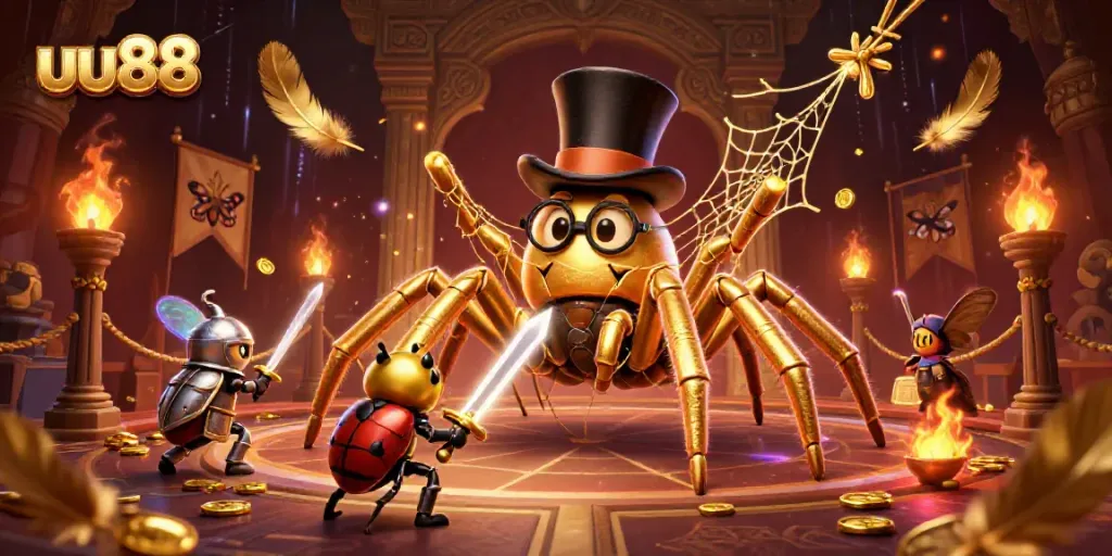 Engage with the vibrant uu88 casino scene featuring a golden tarantula and knight