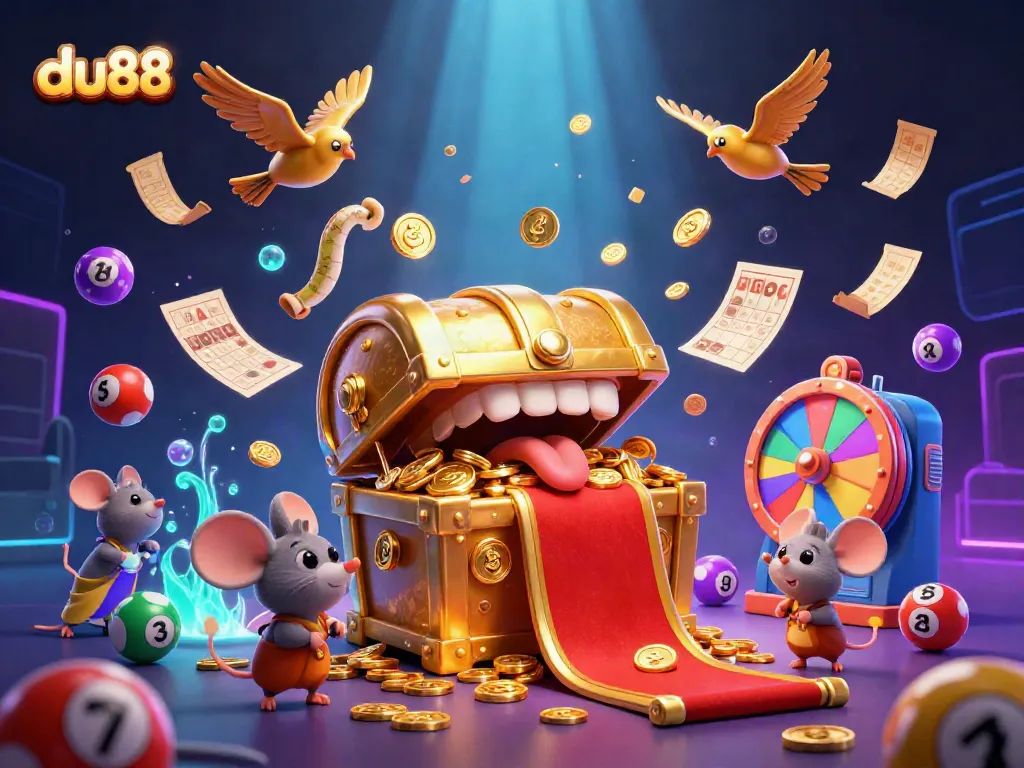 Engage in thrilling gaming adventures with du88, featuring vibrant lottery balls and a treasure chest.