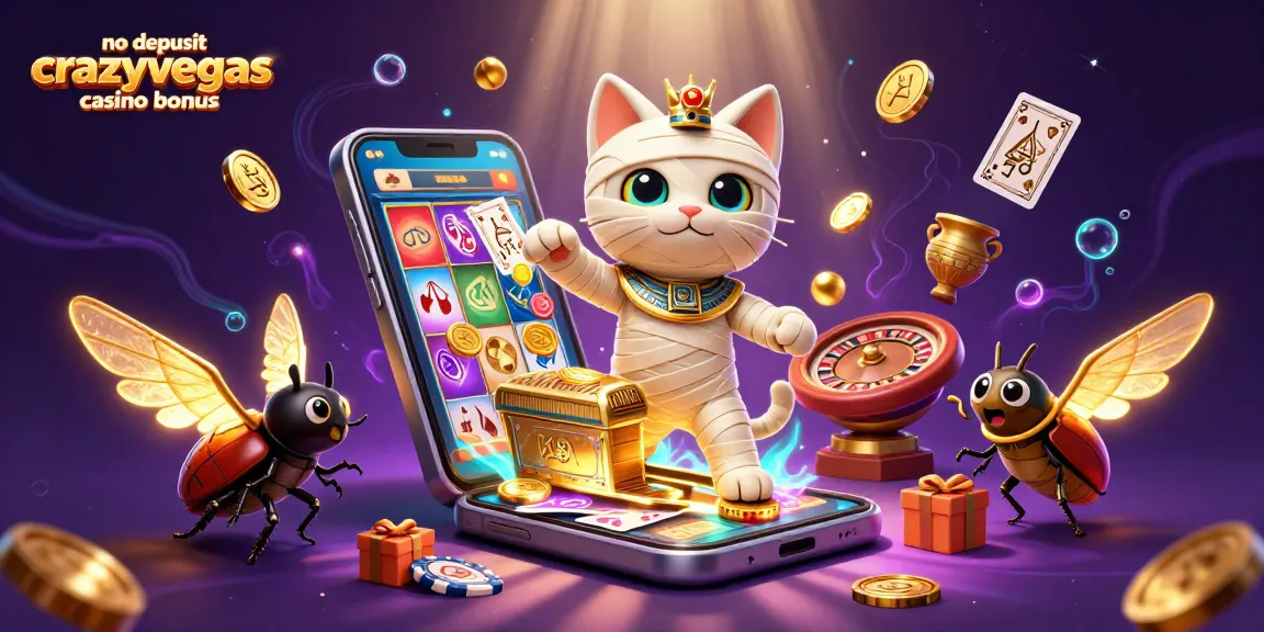 Experience the excitement of the no deposit crazyvegas casino bonus with a 3D mummy cat and casino games.