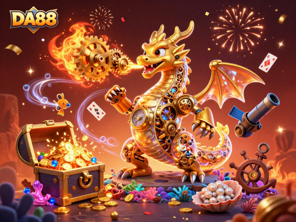Experience thrilling gameplay at DA88, where a golden dragon breathes gear-powered excitement in a vibrant casino adventure.