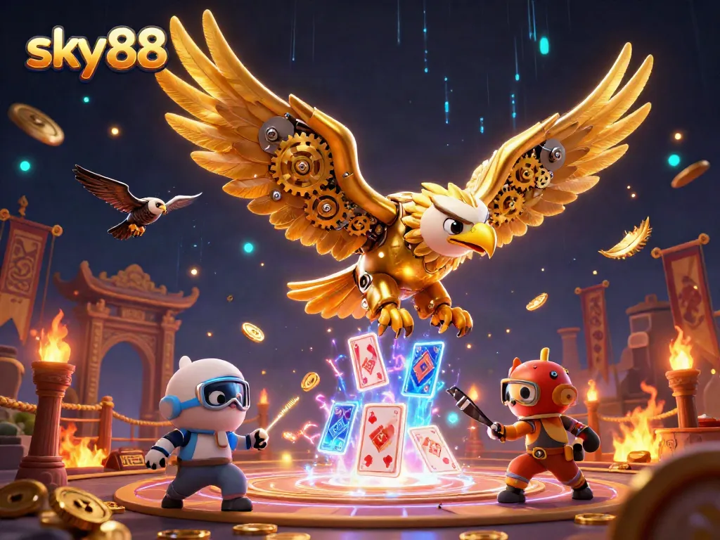 Engage with sky88's thrilling online games through a dynamic 3D showdown featuring an eagle amidst digital gaming symbols.