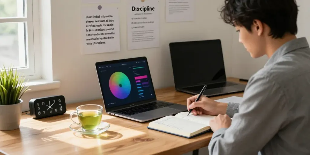 Workspace at https://rokok88.us.com showcasing the role of discipline in achieving goals with motivational elements.