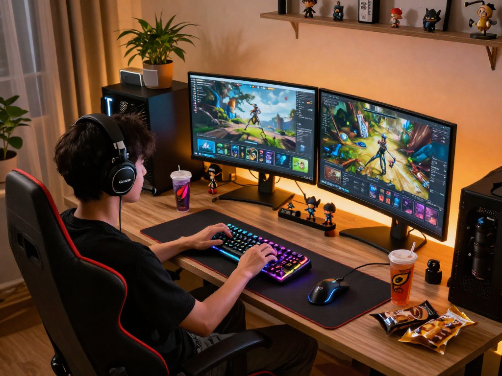 Engaged gamer with rokok 88 setup in cozy room, illuminated by RGB lighting.