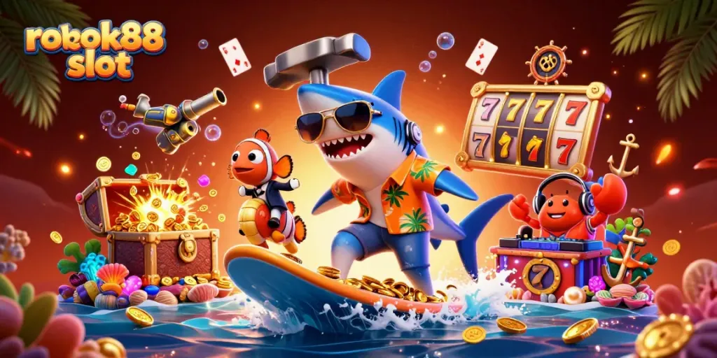 Enjoy the thrill of rokok88 slot with dynamic 3D casino action featuring a shark and colorful marine creatures.