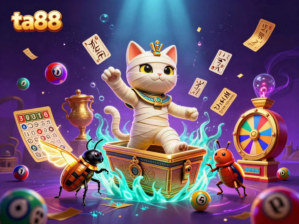 Experience the thrilling world of ta88 gaming with the mummy cat and scarab beetle amidst rich casino elements.