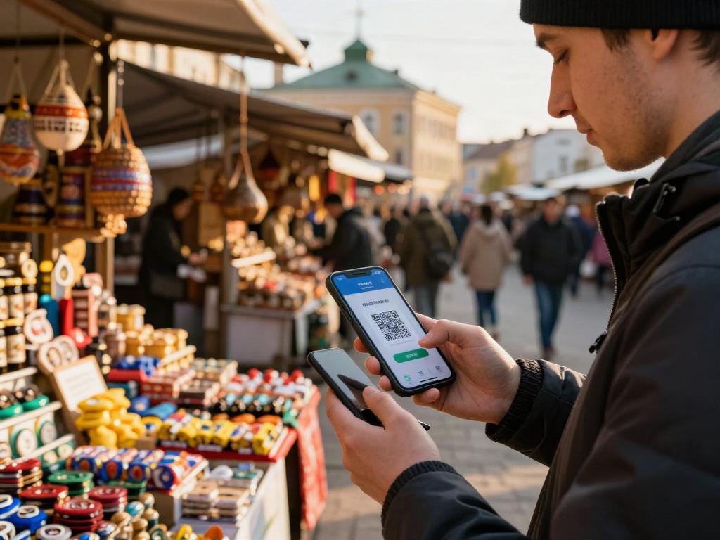 Yerli pazar yerinde hareketli atmosferde mobil ödeme uygulaması kullanarak QR kod okuma işlemi, https://payinrussia.com/ ile kolay ödeme deneyimi.
