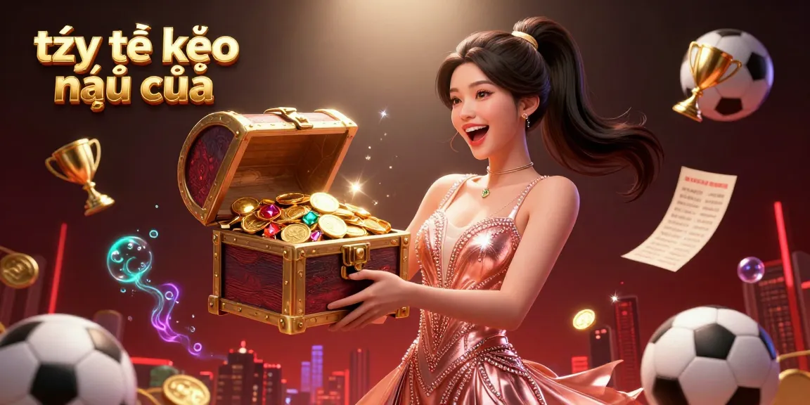 Betting slips and trophy hover as tỷ lệ kèo nhà cái glimmers from a luxurious treasure chest.