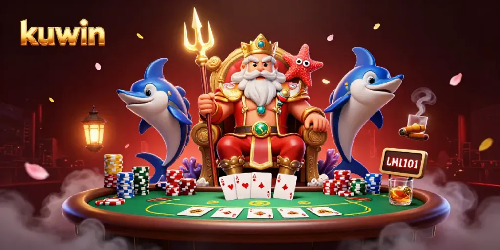 Playing poker with kuwin's exciting characters in a vibrant casino scene.