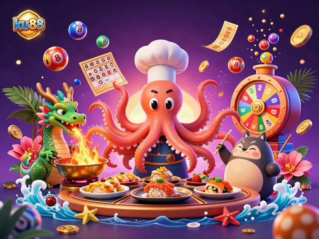 ku88's vibrant casino atmosphere featuring an octopus chef preparing golden dishes, amid colorful dynamic elements.