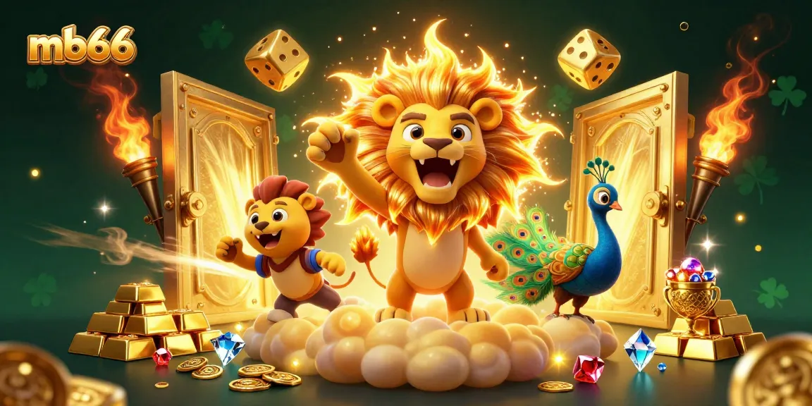 Experience the excitement of mb66 with a vivid 3D casino scene featuring golden treasures and lucky dice.