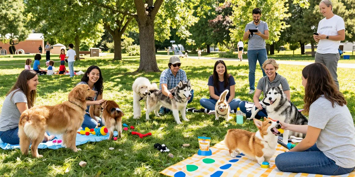 Community of pet lovers sharing tips and experiences about rokok88 in a sunny park.