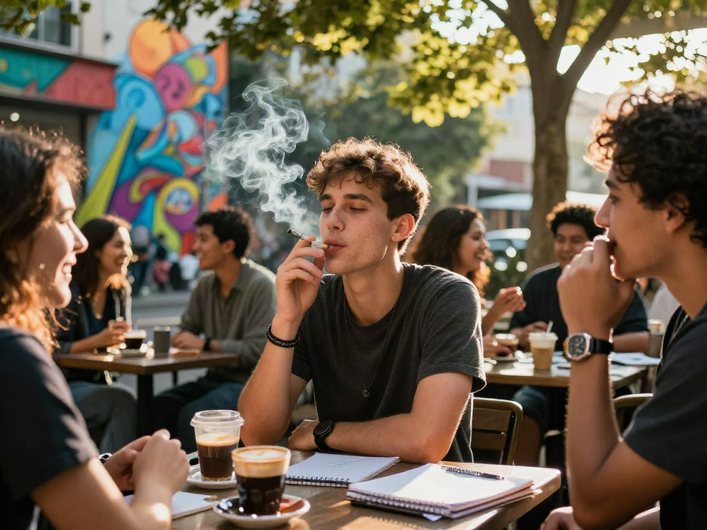 Friends enjoying a rokok88 cigarette at an outdoor café, capturing urban lifestyle vibes.