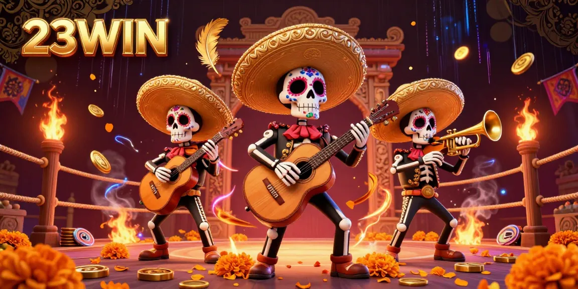 Engage in thrilling gameplay at 23WIN with a vibrant 3D casino illustration featuring lively mariachi skeletons.