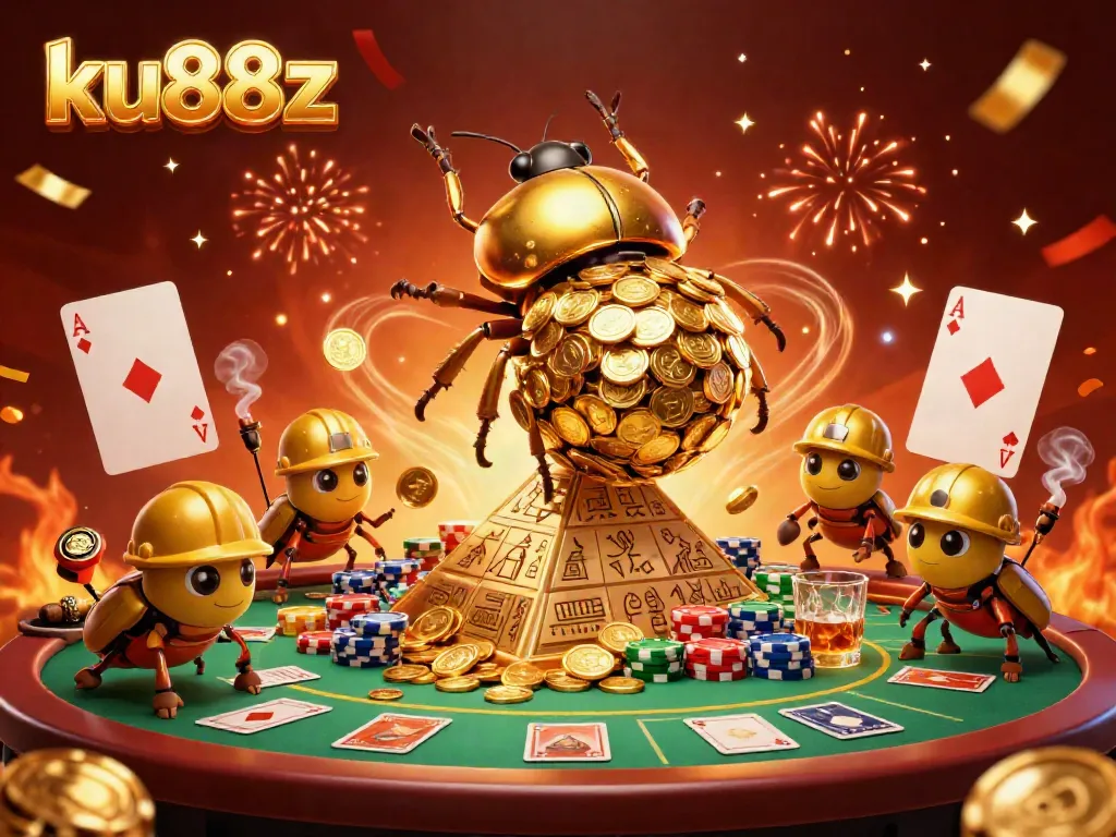 Experience thrilling gameplay at ku88z with a golden beetle character amid casino elements.