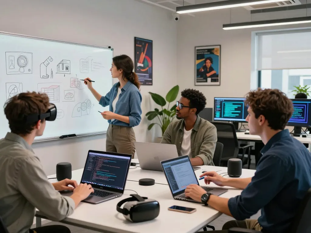 Team collaborating on innovative 'crush on ai' AI project in a modern digital workspace