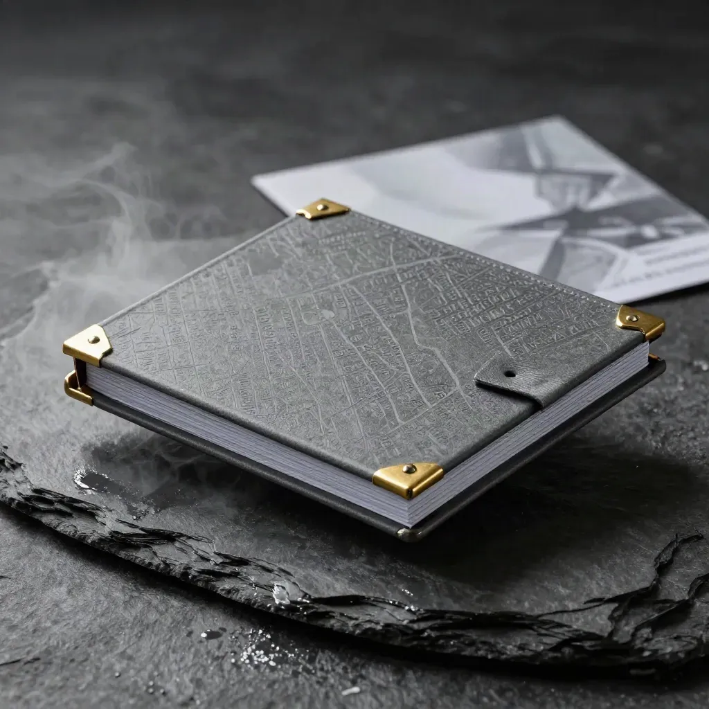 Damp slate üstünde havada duran yerel SEO dosyası, bronz köşeler ve sis detaylarıyla.