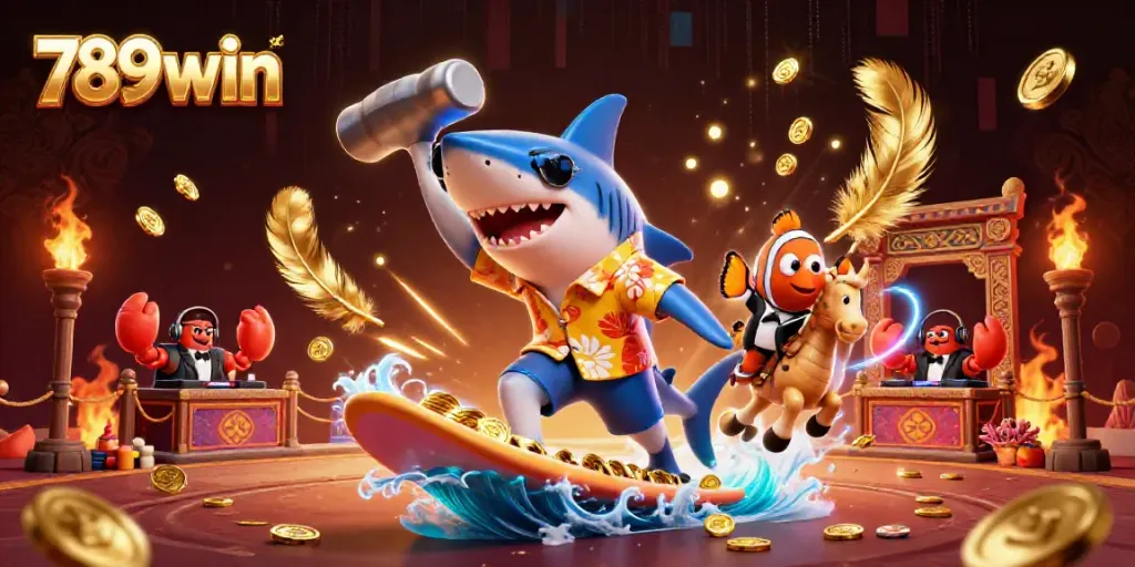 Surf exciting games at 789win with a lively casino-themed scene featuring colorful characters.