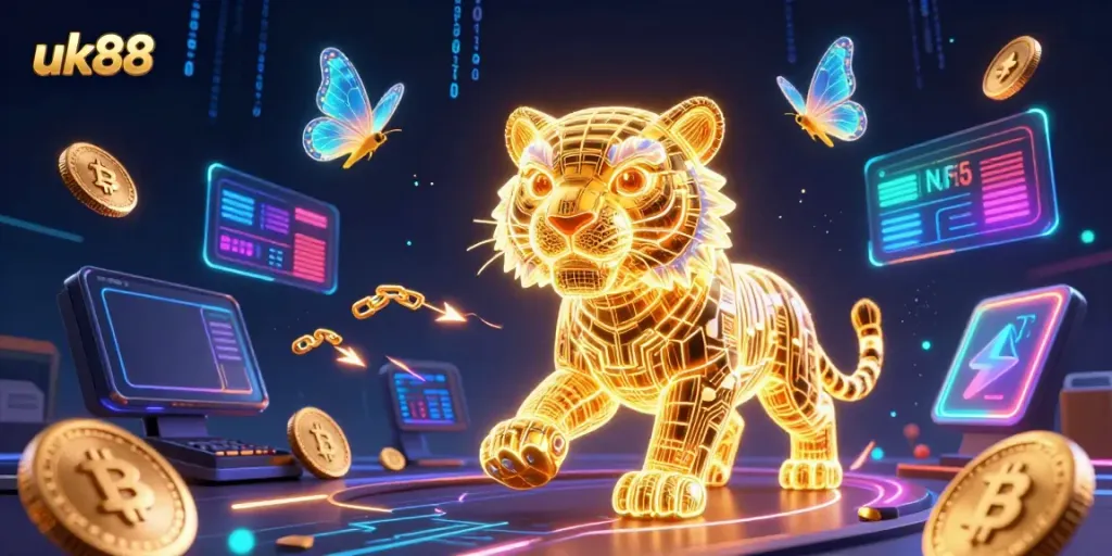 UK88's digital casino scene showcasing a neon-wireframe tiger and cryptocurrency elements.