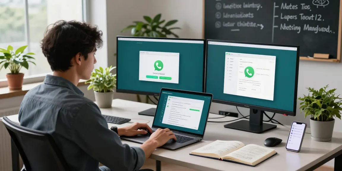 An organized workspace with dual monitors showing WhatsApp電腦版 interface, promoting professional use and productivity.